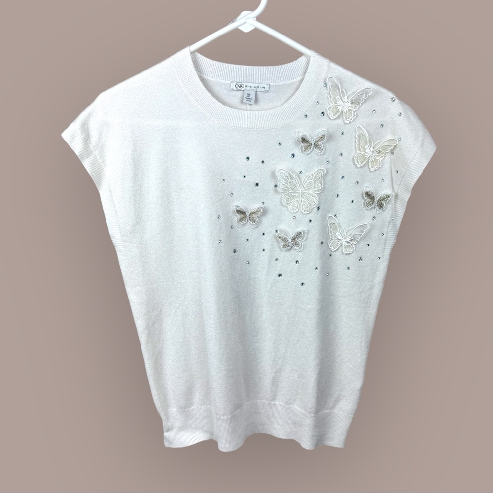 Cato Ivory Cream 3D Rhinestone Butterfly Embellished Knit Top Size Medium